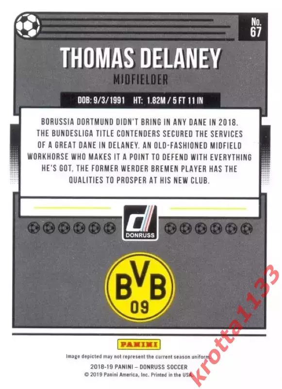 Карточка #67 Thomas Delaney Borussia Dortmund PANINI Donruss Soccer 2018-2019 1