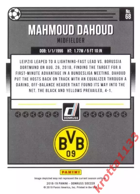 Карточка #68 Mahmoud Dahoud Borussia Dortmund PANINI Donruss Soccer 2018-2019 1
