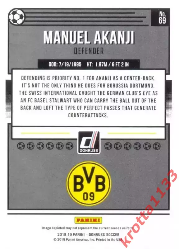 Карточка #69 Manuel Akanji Borussia Dortmund PANINI Donruss Soccer 2018-2019 1
