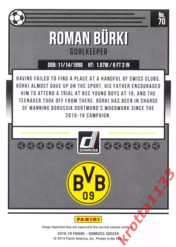 Карточка #70 Roman Burki Borussia Dortmund PANINI Donruss Soccer 2018-2019 1