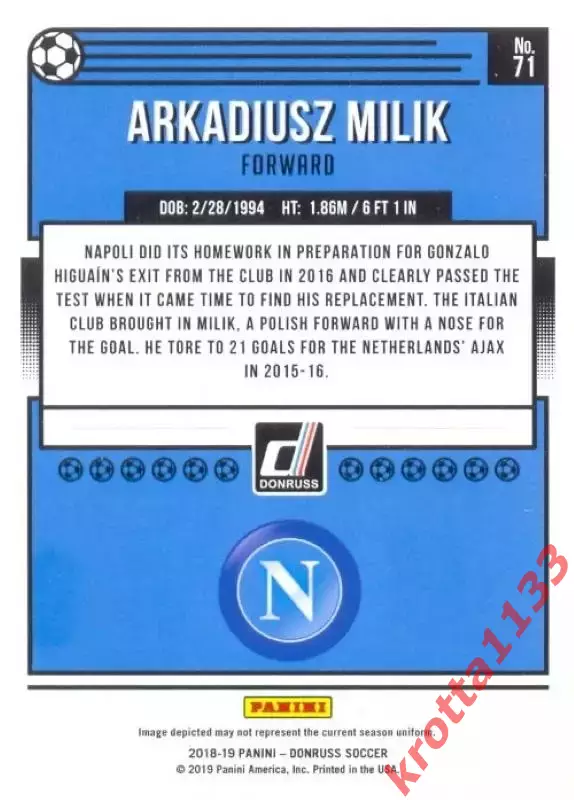 Карточка #71 Arkadiusz Milik SSC Napoli PANINI Donruss Soccer 2018-2019 1
