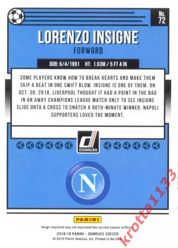 Карточка #72 Lorenzo Insigne SSC Napoli PANINI Donruss Soccer 2018-2019 1