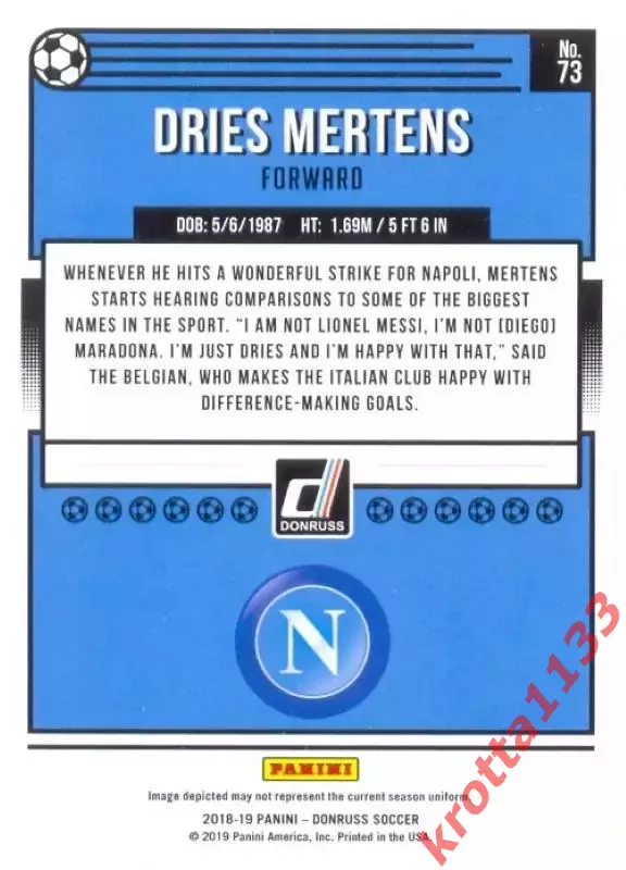 Карточка #73 Dries Mertens SSC Napoli PANINI Donruss Soccer 2018-2019 1