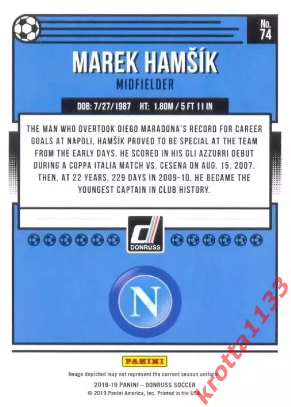 Карточка #74 Marek Hamsik SSC Napoli PANINI Donruss Soccer 2018-2019 1