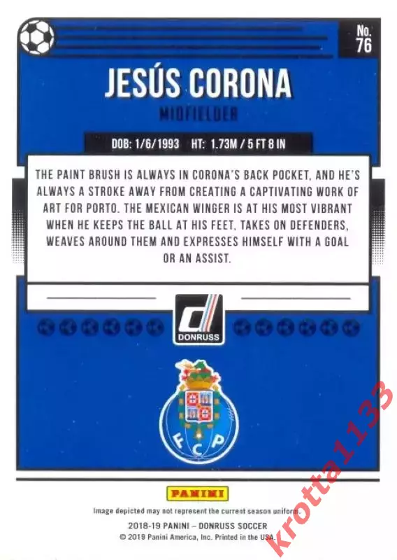 Карточка #76 Jesus Corona FC Porto PANINI Donruss Soccer 2018-2019 1