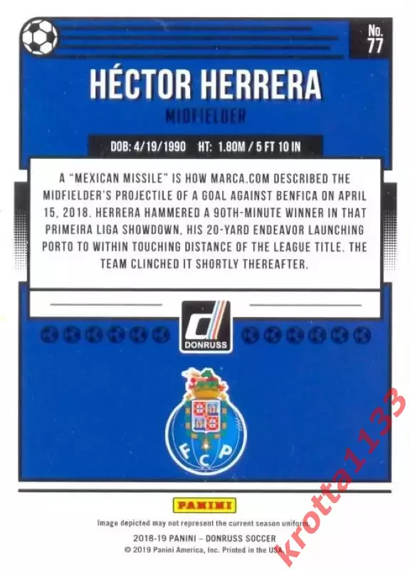Карточка #77 Hector Herrera FC Porto PANINI Donruss Soccer 2018-2019 1