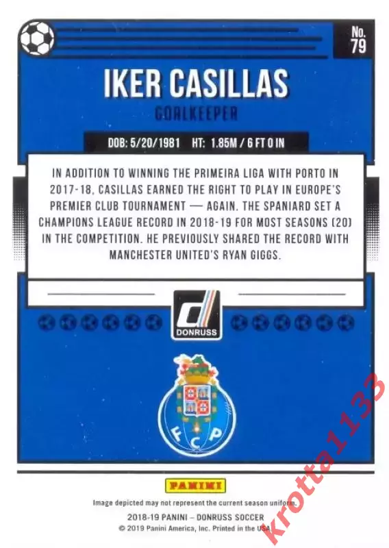 Карточка #79 Iker Casillas FC Porto PANINI Donruss Soccer 2018-2019 1