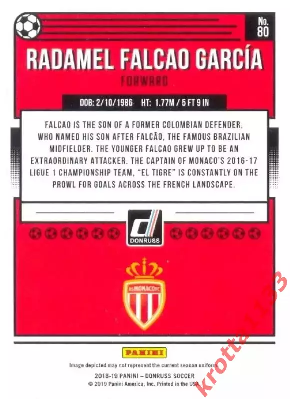 Карточка #80 Radamel Falcao Garcia AS Monaco PANINI Donruss Soccer 2018-2019 1