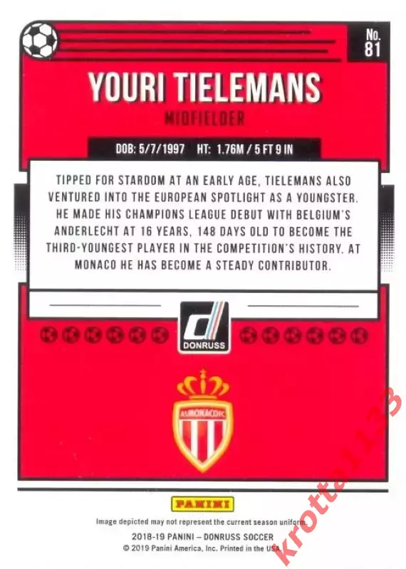 Карточка #81 Youri Tielemans AS Monaco PANINI Donruss Soccer 2018-2019 1
