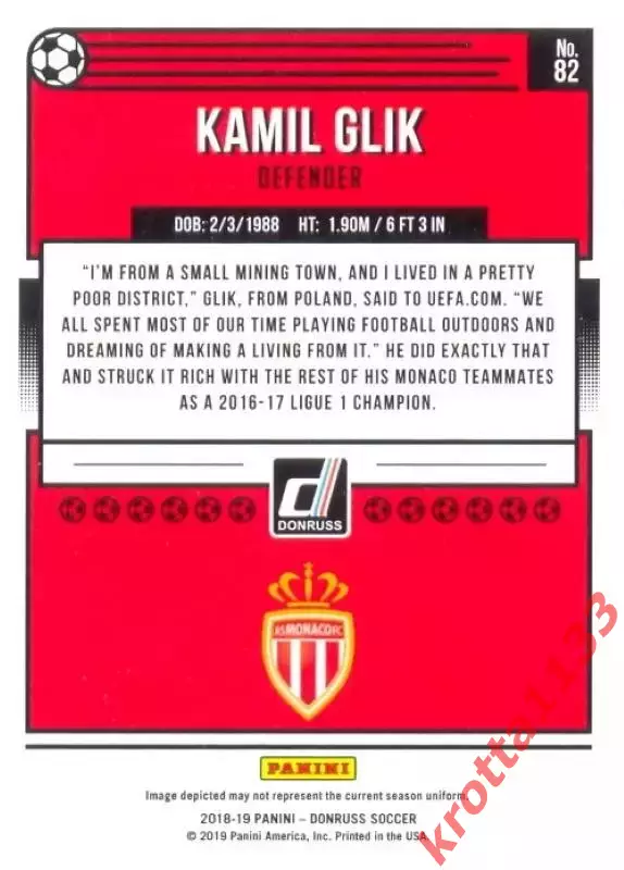 Карточка #82 Kamil Glik AS Monaco PANINI Donruss Soccer 2018-2019 1