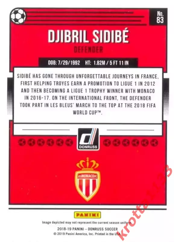 Карточка #83 Djibril Sidibe AS Monaco PANINI Donruss Soccer 2018-2019 1