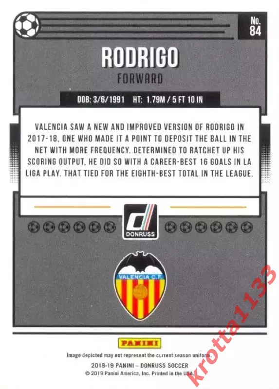 Карточка #84 Rodrigo Moreno Valencia CF PANINI Donruss Soccer 2018-2019 1