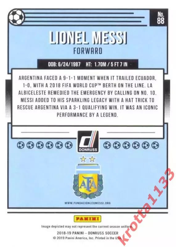 Карточка #88 Lionel Messi Argentina PANINI Donruss Soccer 2018-2019 1
