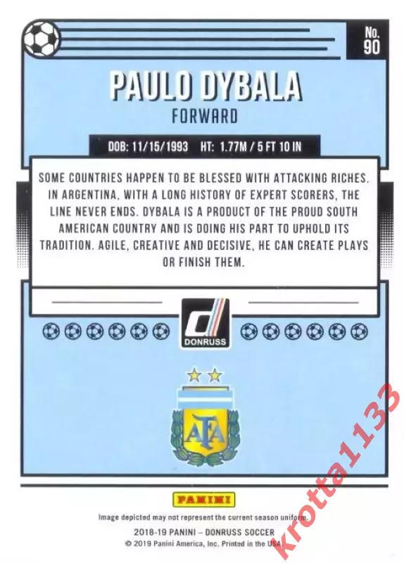 Карточка #90 Paulo Dybala Argentina PANINI Donruss Soccer 2018-2019 1
