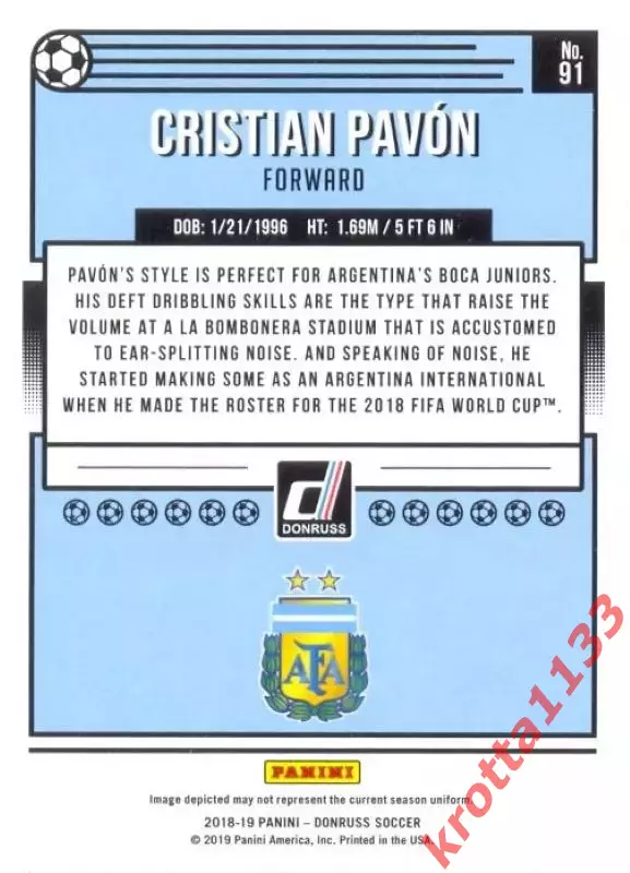 Карточка #91 Cristian Pavon Argentina PANINI Donruss Soccer 2018-2019 1
