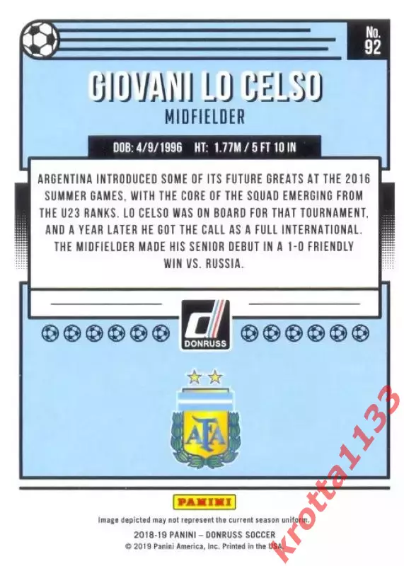 Карточка #92 Giovani Lo Celso Argentina PANINI Donruss Soccer 2018-2019 1