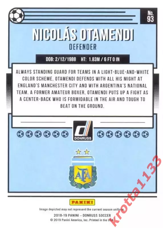 Карточка #93 Nicolas Otamendi Argentina PANINI Donruss Soccer 2018-2019 1