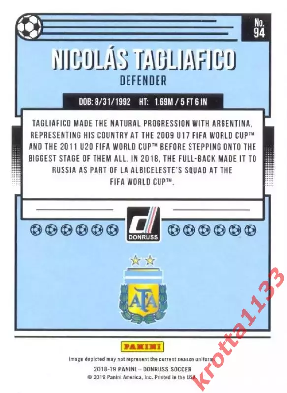 Карточка #94 Nicolas Tagliafico Argentina PANINI Donruss Soccer 2018-2019 1