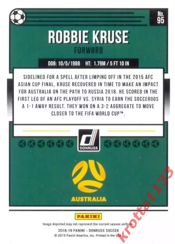 Карточка #95 Robbie Kruse Australia PANINI Donruss Soccer 2018-2019 1