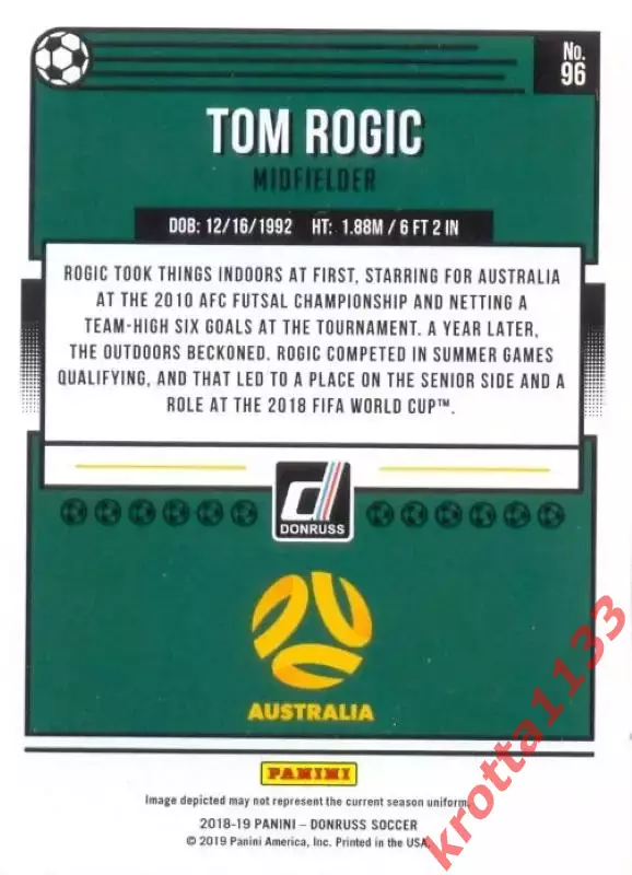 Карточка #96 Tom Rogic Australia PANINI Donruss Soccer 2018-2019 1