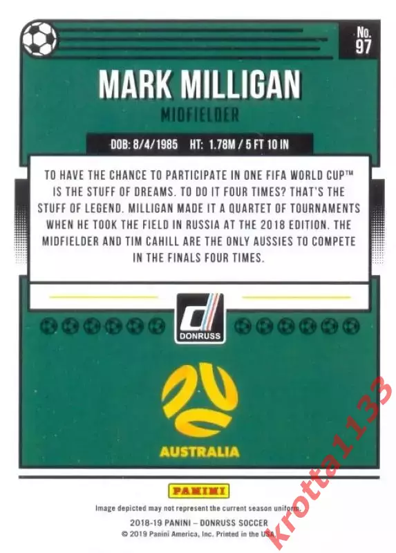 Карточка #97 Mark Milligan Australia PANINI Donruss Soccer 2018-2019 1