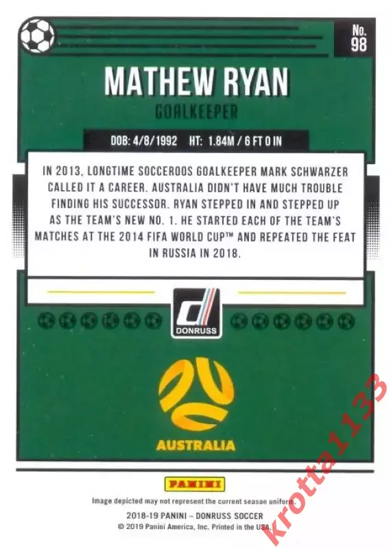 Карточка #98 Mathew Ryan Australia PANINI Donruss Soccer 2018-2019 1