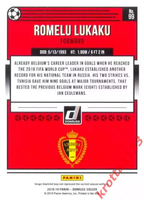 Карточка #99 Romelu Lukaku Belgium PANINI Donruss Soccer 2018-2019 1