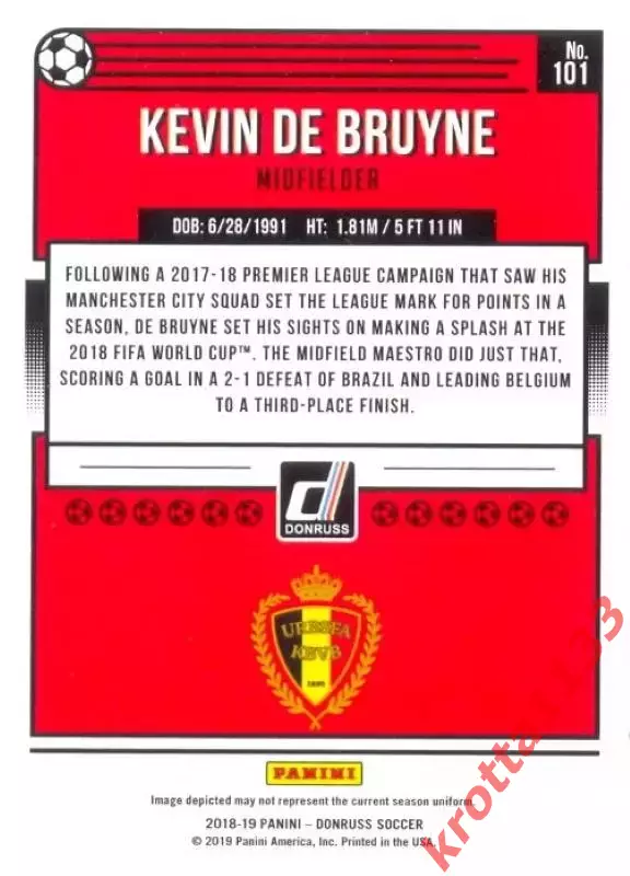 Карточка #101 Kevin De Bruyne Belgium PANINI Donruss Soccer 2018-2019 1
