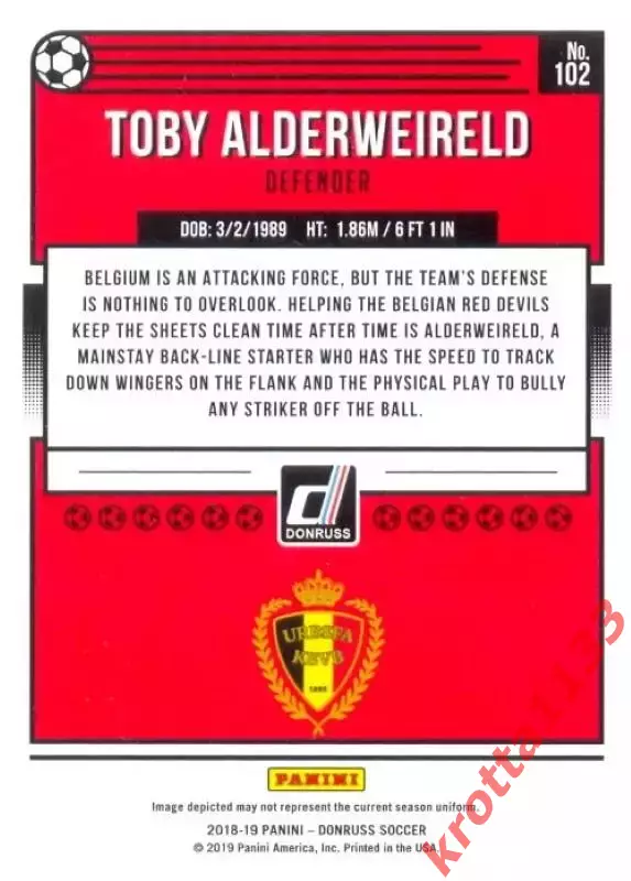 Карточка #102 Toby Alderweireld Belgium PANINI Donruss Soccer 2018-2019 1
