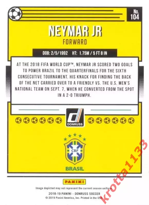 Карточка #104 Neymar Jr Brazil PANINI Donruss Soccer 2018-2019 1