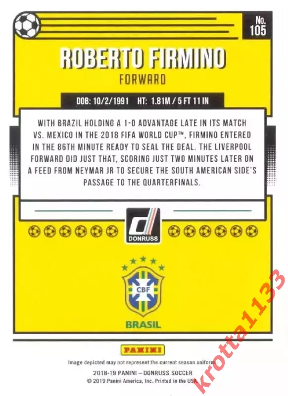 Карточка #105 Roberto Firmino Brazil PANINI Donruss Soccer 2018-2019 1