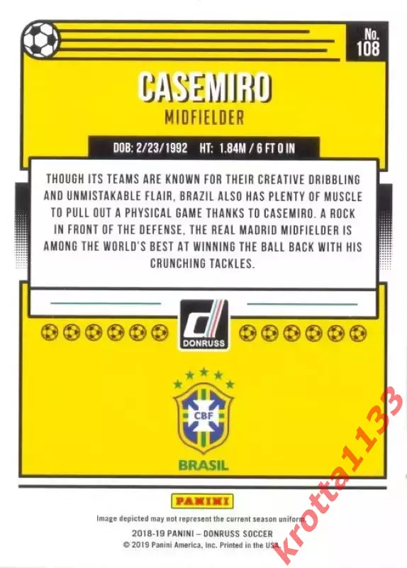 Карточка #108 Casemiro Brazil PANINI Donruss Soccer 2018-2019 1