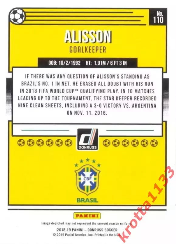 Карточка #110 Alisson Brazil PANINI Donruss Soccer 2018-2019 1