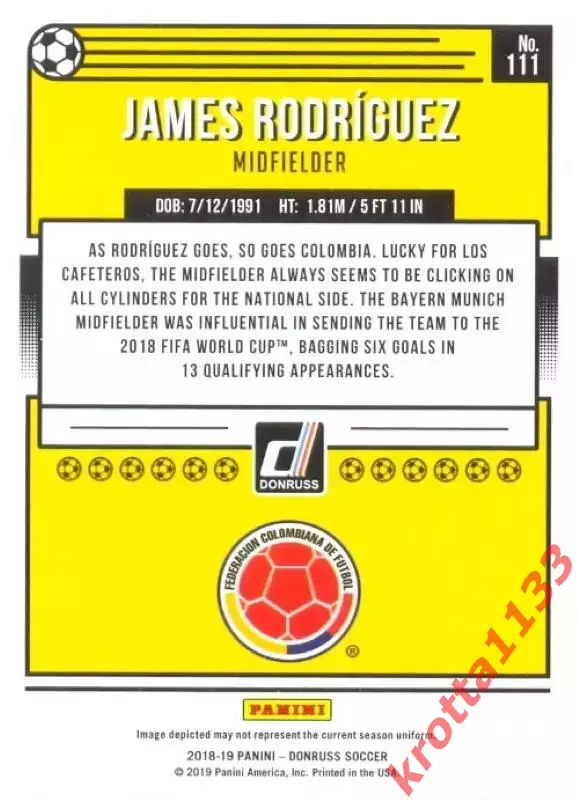 Карточка #111 James Rodriguez Colombia PANINI Donruss Soccer 2018-2019 1