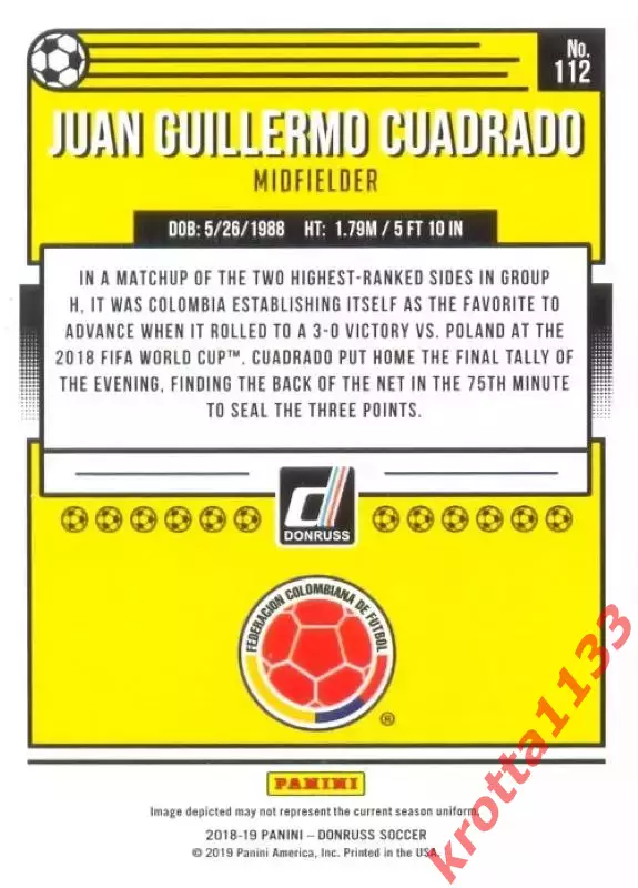 Карточка #112 Juan Guillermo Cuadrado Colombia PANINI Donruss Soccer 2018-2019 1