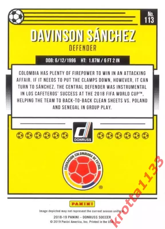 Карточка #113 Davinson Sanchez Colombia PANINI Donruss Soccer 2018-2019 1