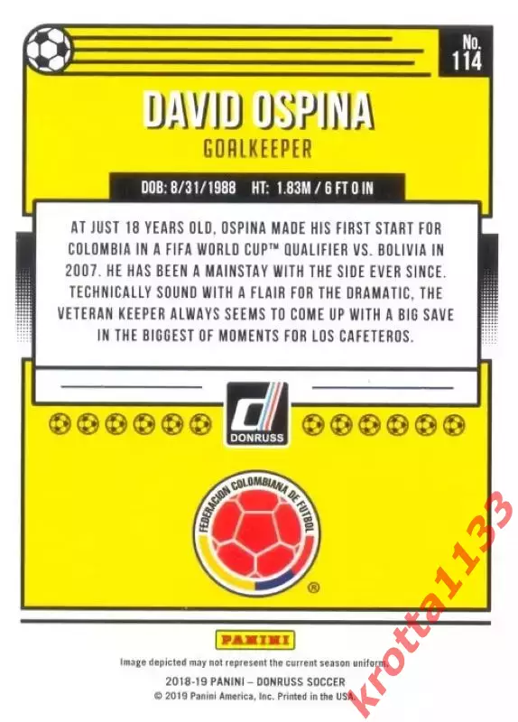 Карточка #114 David Ospina Colombia PANINI Donruss Soccer 2018-2019 1