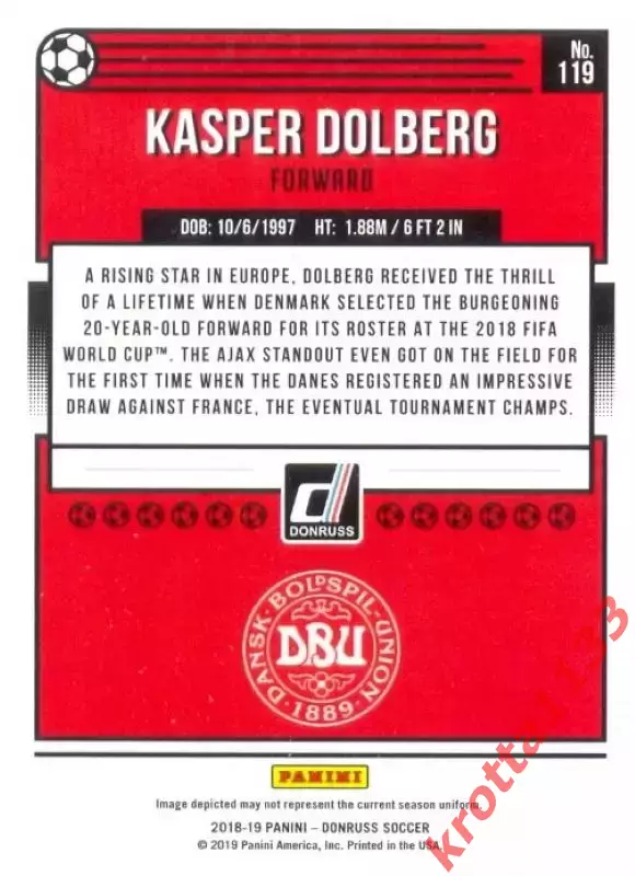 Карточка #119 Kasper Dolberg Denmark PANINI Donruss Soccer 2018-2019 1