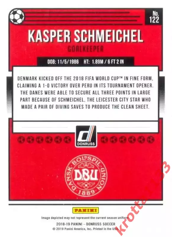 Карточка #122 Kasper Schmeichel Denmark PANINI Donruss Soccer 2018-2019 1