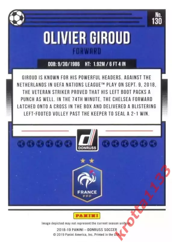 Карточка #130 Olivier Giroud France PANINI Donruss Soccer 2018-2019 1