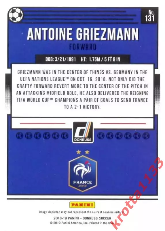 Карточка #131 Antoine Griezmann France PANINI Donruss Soccer 2018-2019 1