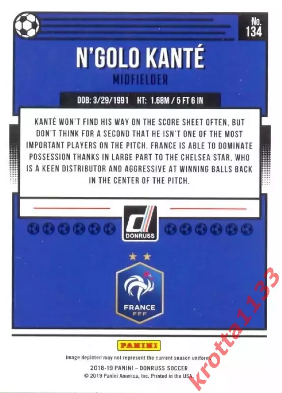 Карточка #134 N'Golo Kante France PANINI Donruss Soccer 2018-2019 1