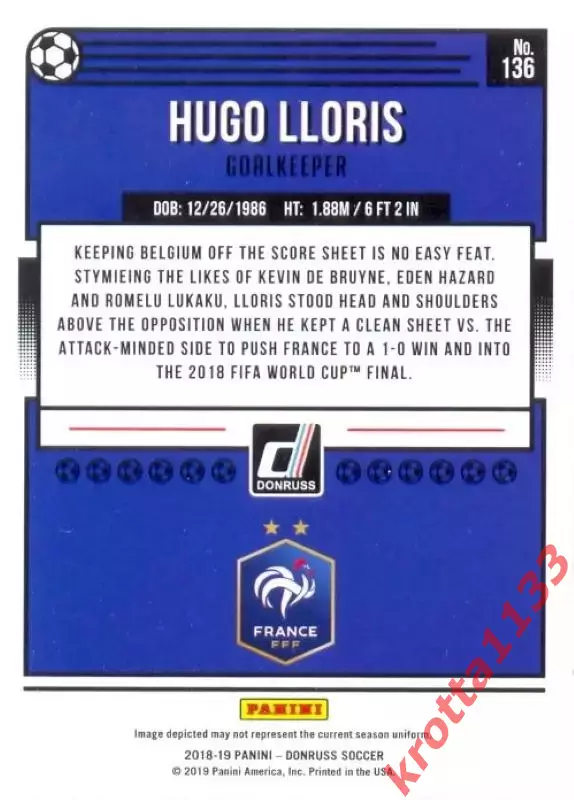 Карточка #136 Hugo Lloris France PANINI Donruss Soccer 2018-2019 1
