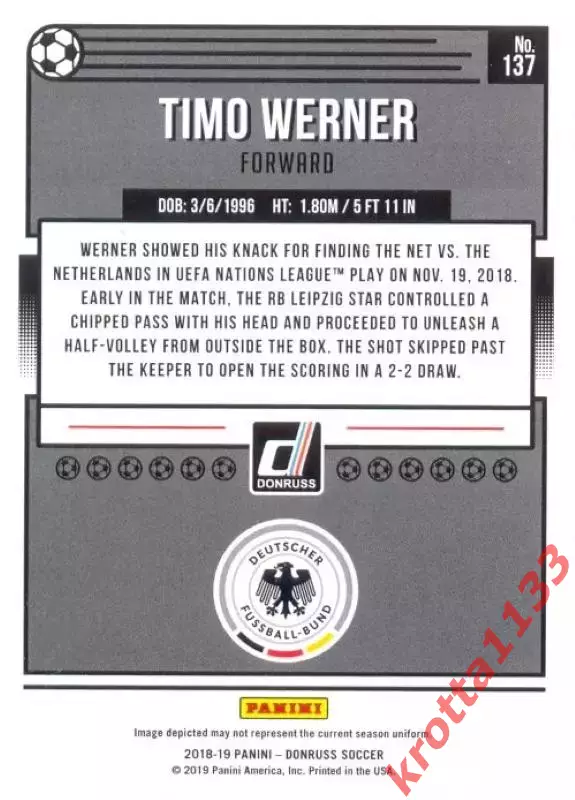 Карточка #137 Timo Werner Germany PANINI Donruss Soccer 2018-2019 1