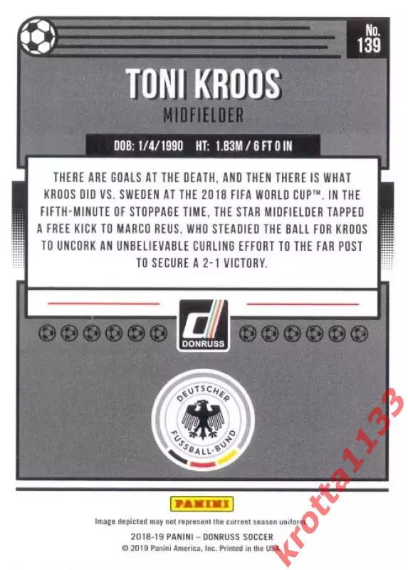 Карточка #139 Toni Kroos Germany PANINI Donruss Soccer 2018-2019 1