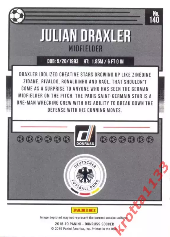 Карточка #140 Julian Draxler Germany PANINI Donruss Soccer 2018-2019 1