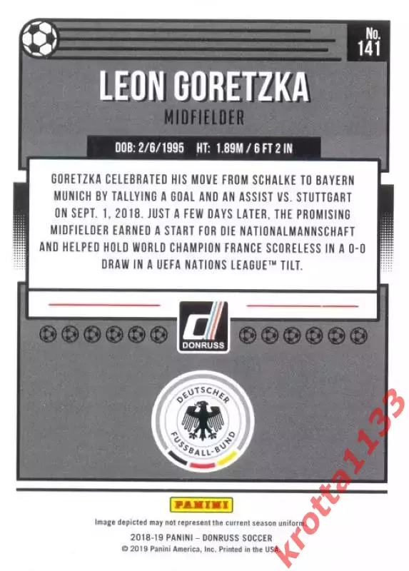 Карточка #141 Leon Goretzka Germany PANINI Donruss Soccer 2018-2019 1