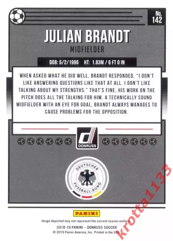 Карточка #142 Julian Brandt Germany PANINI Donruss Soccer 2018-2019 1