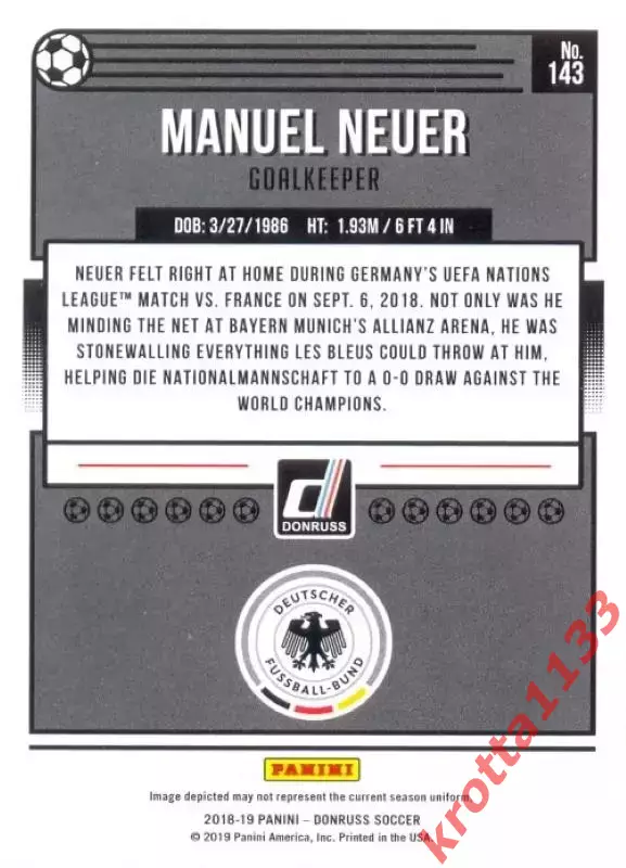 Карточка #143 Manuel Neuer Germany PANINI Donruss Soccer 2018-2019 1