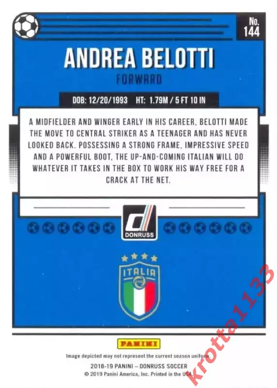 Карточка #144 Andrea Belotti Italy PANINI Donruss Soccer 2018-2019 1